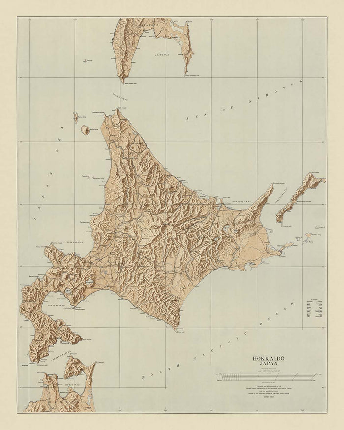 Old Topographic Map of Hokkaido, 1944: US Geological Survey, Sapporo, Asahikawa, Hakodate