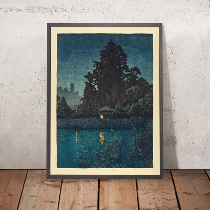 A framed image of Omiya in the Rain by Hasui Kawase 1935