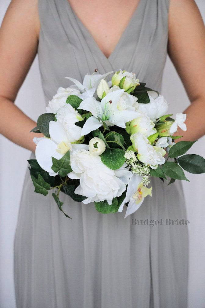 Brides bouquet with white lilies, white orchids, white tulips ivy, eucalyptus fake cheap wedding bouquet