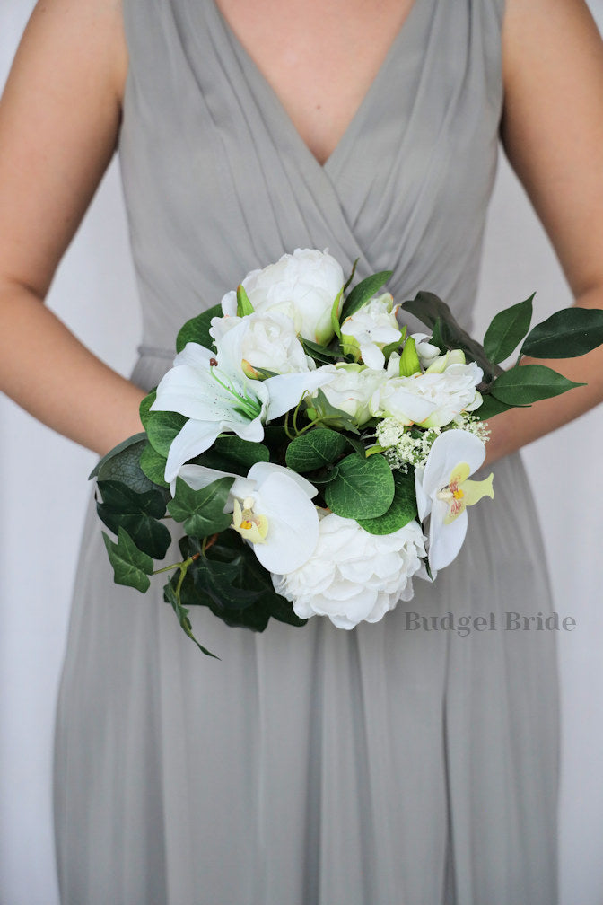 Brides bouquet with white lilies, white orchids, white tulips ivy, eucalyptus fake cheap wedding bouquet