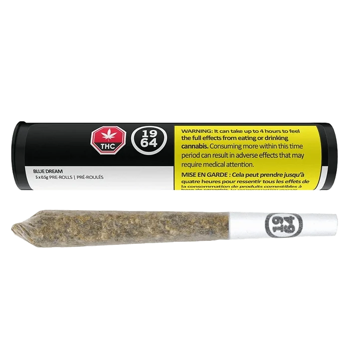 Organic Blue Dream Pre Rolled 5 x 0.5 g displayed with a warning label in French, photographed at a slight angle.