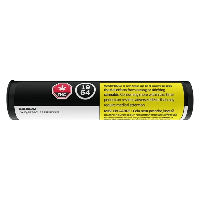 Organic Blue Dream Pre Rolled 5 x 0.5 g displayed with a bold, contrasting black and white label against a dark backdrop.