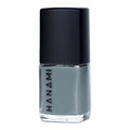 Gray nail polish bottle with black cap on a white background.
