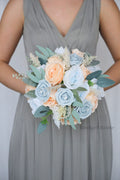 Peach and Dusty Blue Artificial Wedding Bouquet - $195.00 | Belair