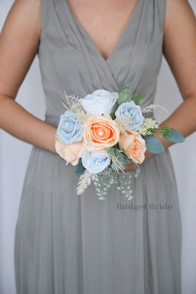 Peach and Dusty Blue Artificial Wedding Bouquet - $195.00 | Belair