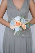 Peach and Dusty Blue Artificial Wedding Bouquet - $45.00 | Belair