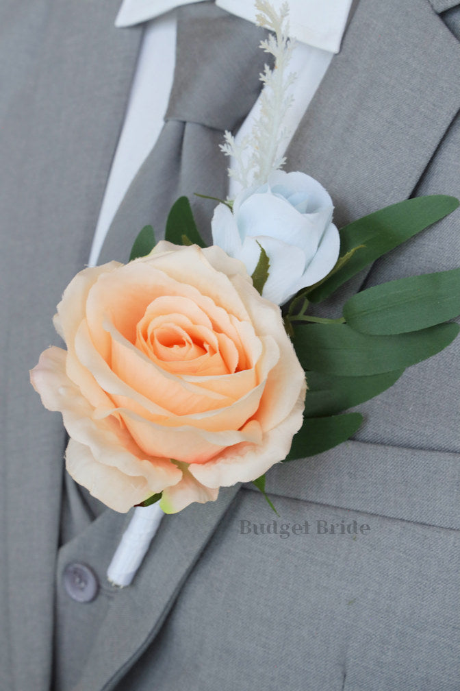 Peach and Dusty Blue Artificial Wedding Bouquet - $45.00 | Belair