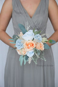 Peach and Dusty Blue Artificial Wedding Bouquet - $65.00 | Belair