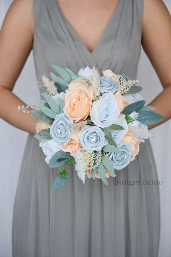 Peach and Dusty Blue Artificial Wedding Bouquet - $65.00 | Belair