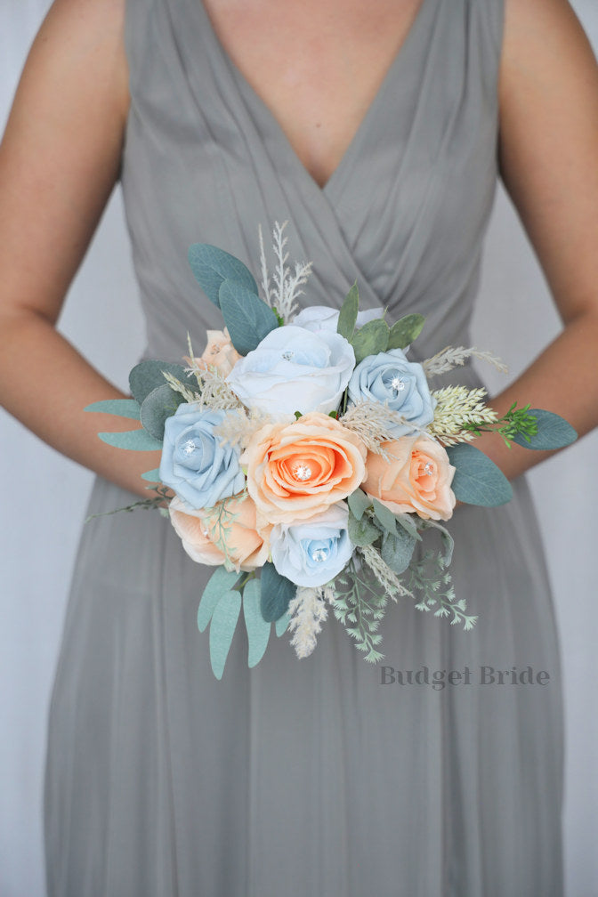 Peach and Dusty Blue Artificial Wedding Bouquet - $65.00 | Belair