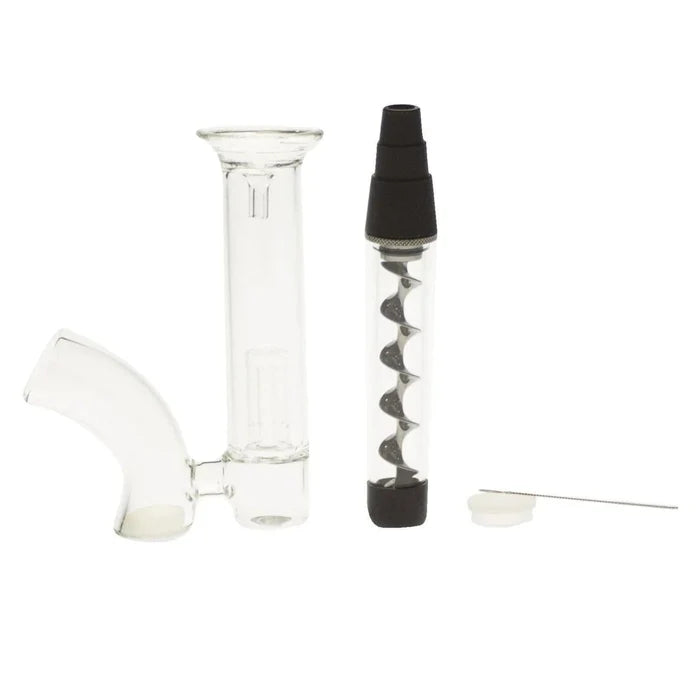 Right-side view of the black Plus Glass Blunt Bubbler - Black showing the clear spiral chamber, silicone mouthpiece and glass adapter on a white background