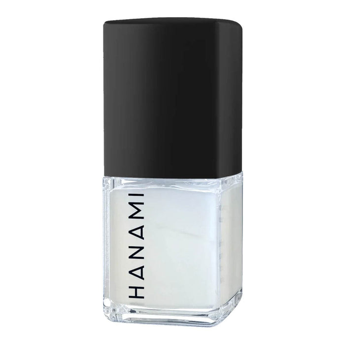 Clear nail polish bottle with black cap on a white background.