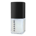 Clear nail polish bottle with black cap on a white background.
