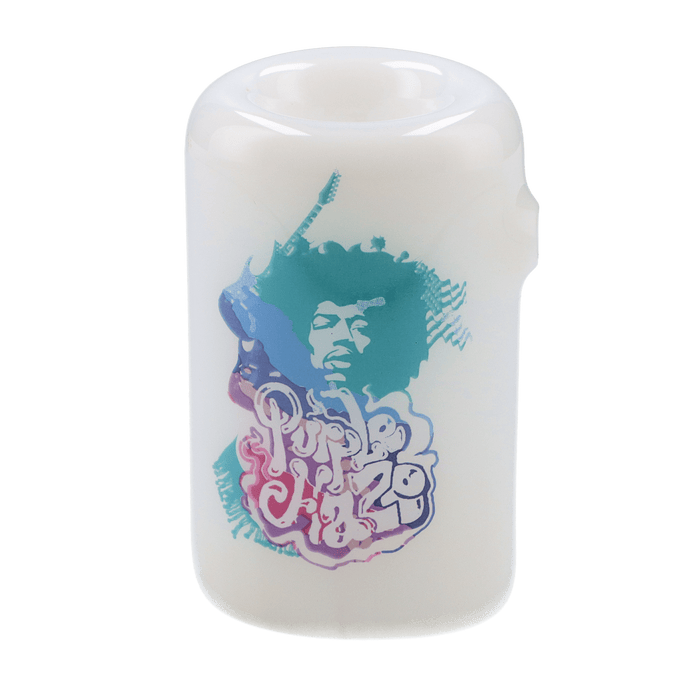 Front view of the white 6-inch Rock Legends Jimi Purple Haze Hammer, displaying a vibrant portrait of Jimi Hendrix.