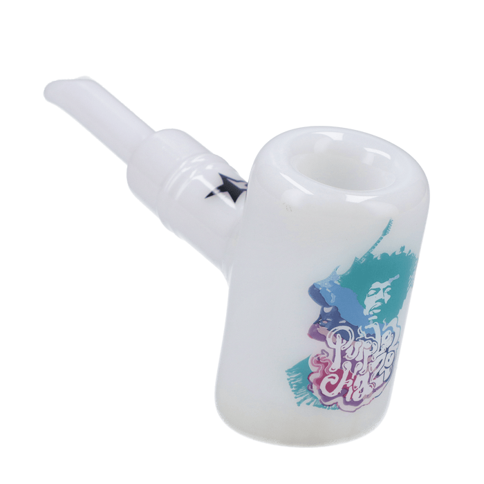 Front view of the 6-inch white Rock Legends Jimi Purple Haze Hammer, showcasing its clean lines and simple form.