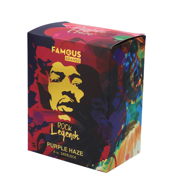 Front view of the 6-inch Rock Legends Jimi Purple Haze Hammer in white, displaying a psychedelic portrait design.