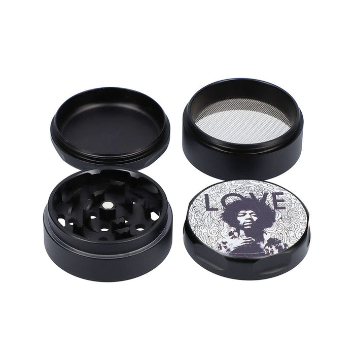 A top-down view of the black Rock Legends Jimmy-Love Grinder with a detailed graphic design on the lid.