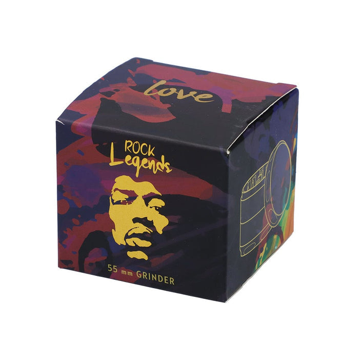Front view of the Rock Legends Jimmy-Love Grinder-Black, showcasing a portrait-style graphic on a black metallic surface.