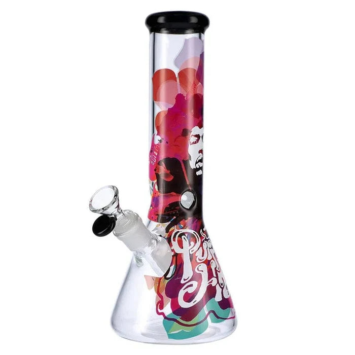 Front view of the 12-inch Rock Legends Jimmy-Purple Haze Water Pipe in clear glass, showcasing its beaker shape and vibrant purple haze design.