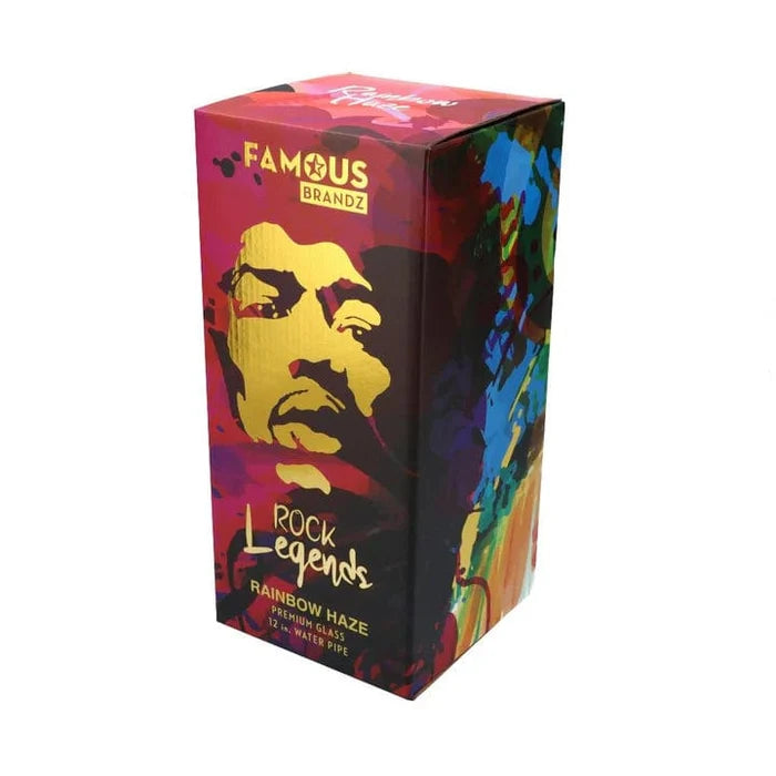 Front view of the 12-inch Rock Legends Jimmy-Purple Haze Water Pipe in clear glass, showcasing vibrant color accents.