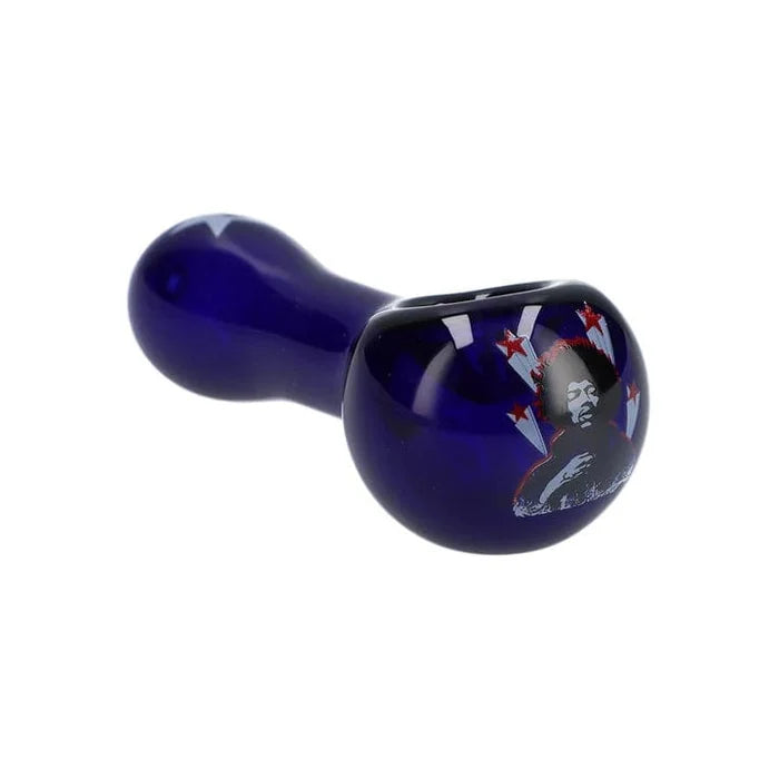 A side view of the Rock Legends Jimmy-Star Spoon Pipe in dark blue, showing its curved shape and polished finish.