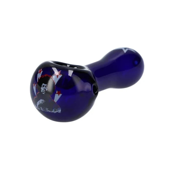 A slightly angled view of the dark blue Rock Legends Jimmy-Star Spoon Pipe, showcasing its smooth, curved design.