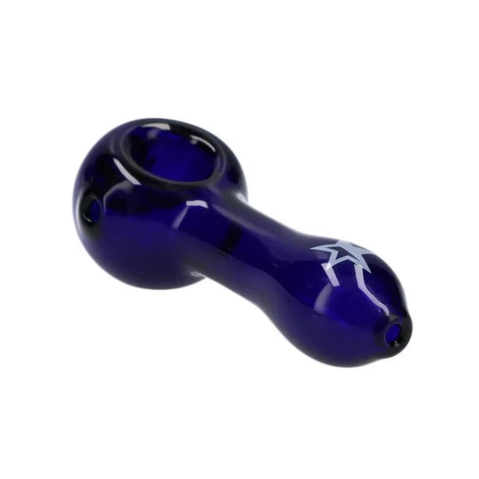 A three-quarter view of the dark blue Rock Legends Jimmy-Star Spoon Pipe, showing its curved form and smooth glass finish.