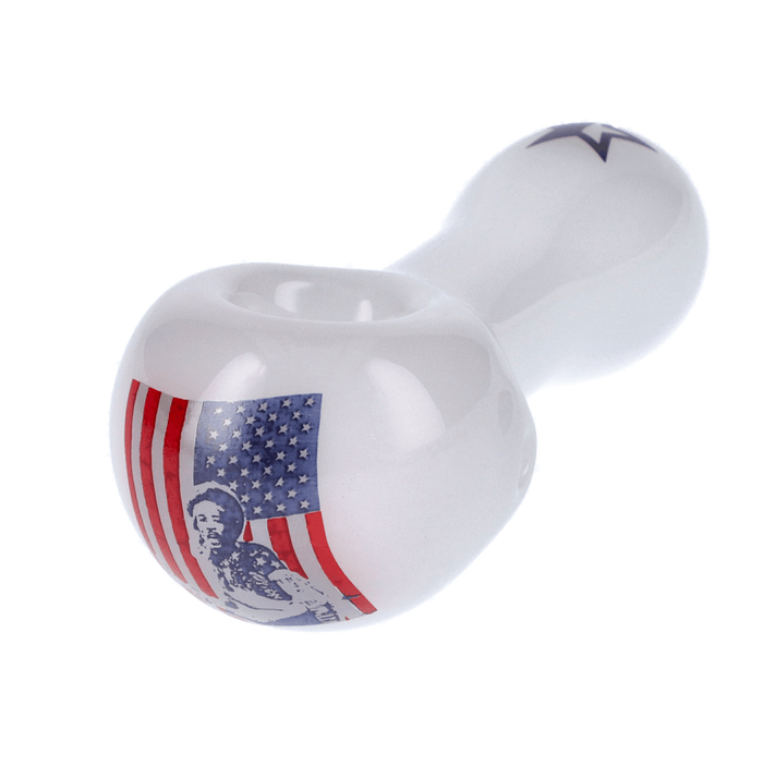A studio shot of the white Rock Legends Jimmy-USA Spoon Pipe, displayed at a slight angle against a plain white background.