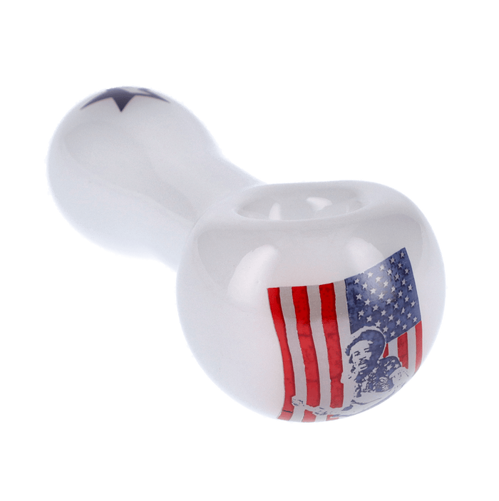 Front view of the white Rock Legends Jimmy-USA Spoon Pipe, featuring a patriotic design on its bowl.