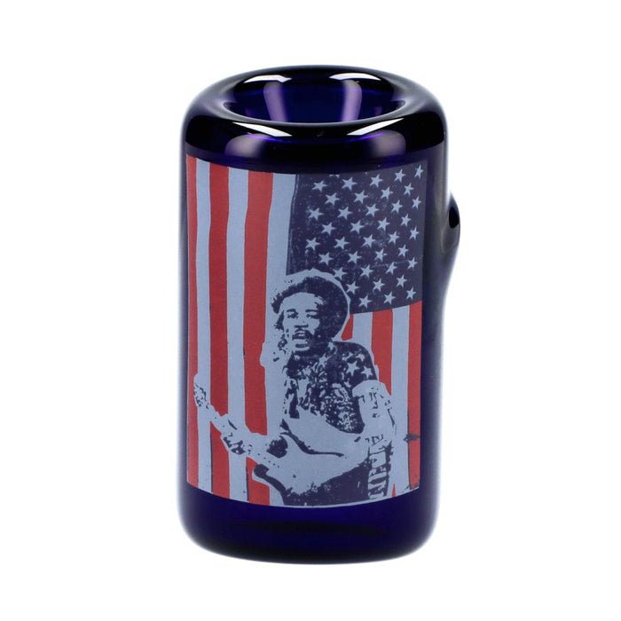 Front view of the Rock Legends Jimmy-USA Hammer Sherlock Pipe in dark blue, showcasing a detailed portrait design on its cylindrical body.