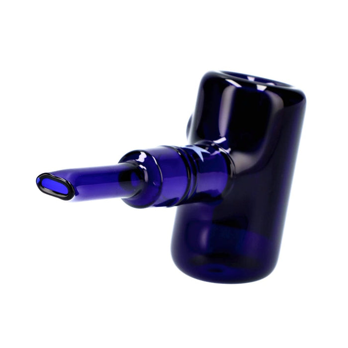 A detailed side view of the Rock Legends Jimmy-USA Hammer Sherlock Pipe in dark blue, showcasing its curved design.