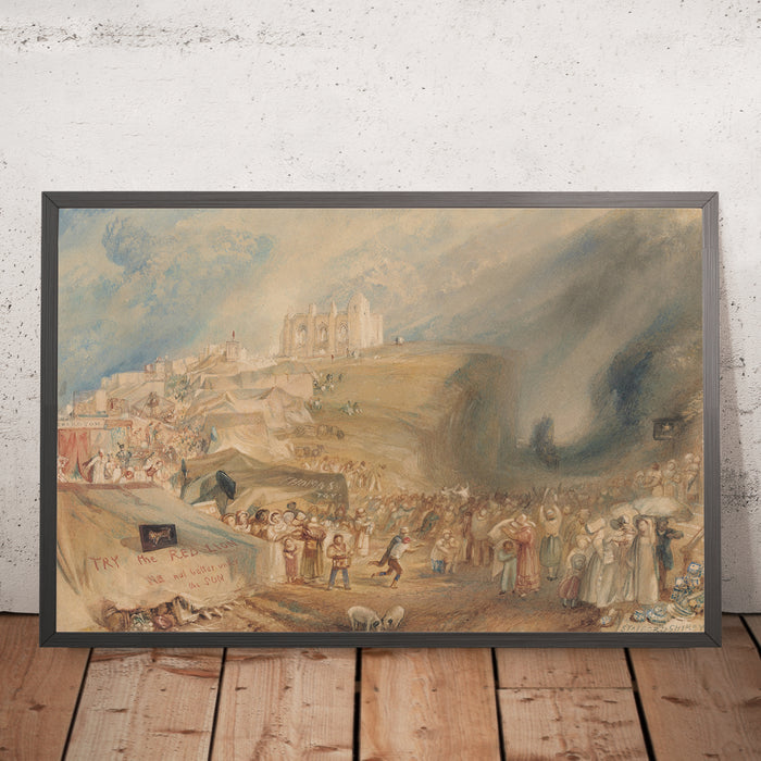 A framed image of Saint Catherine’s Hill, Guildford, Surrey by Turner, 1830