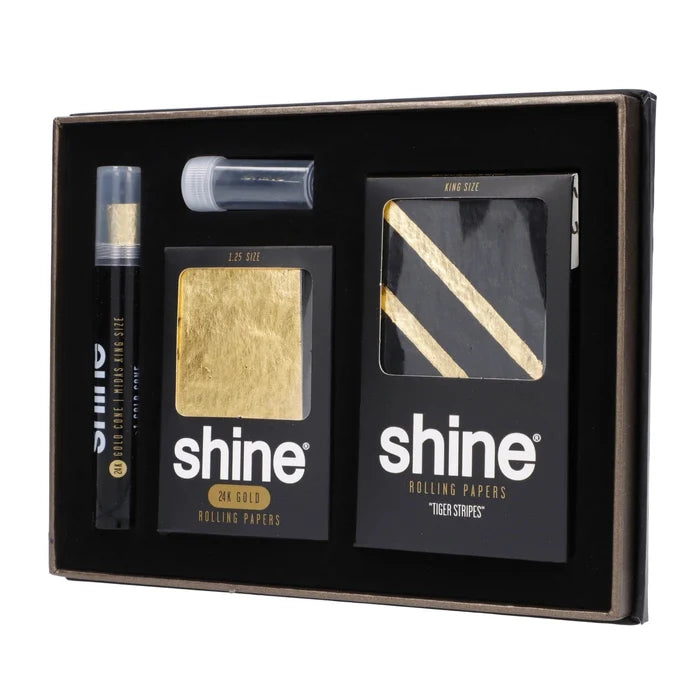 Close-up of the Shine Papers-Launch Pack packaging, displaying the brand logo on a dark background.