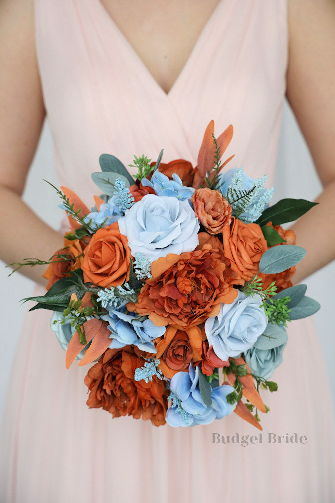 Silk Wedding Bouquet in Burnt Orange and Blue - $195.00 | Terra