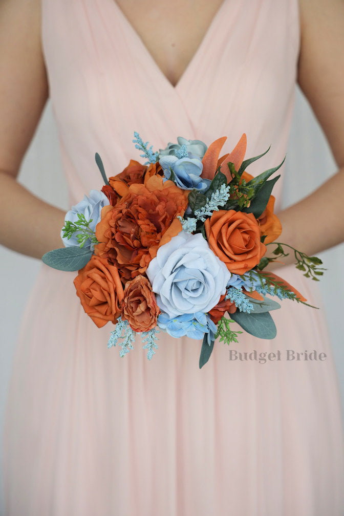 Silk Wedding Bouquet in Burnt Orange and Blue - $195.00 | Terra