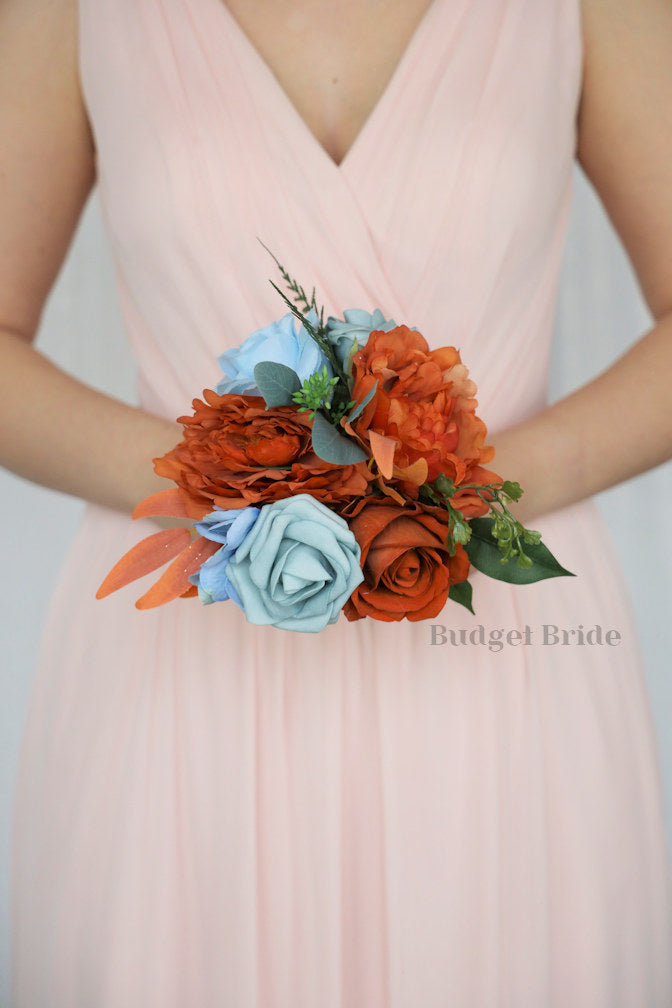 Silk Wedding Bouquet in Burnt Orange and Blue - $195.00 | Terra