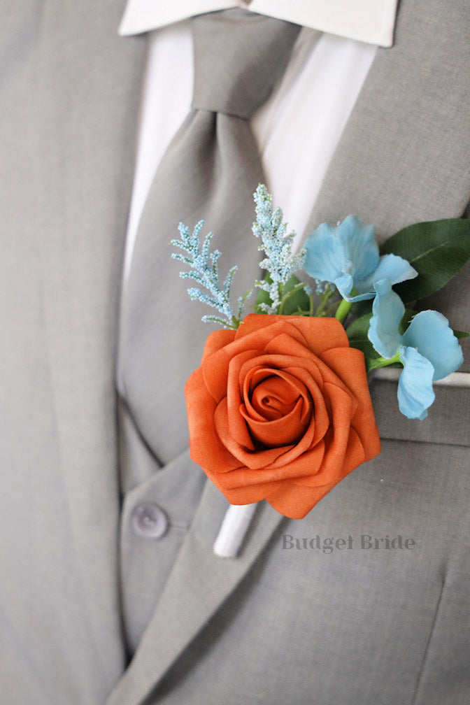 Silk Wedding Bouquet in Burnt Orange and Blue - $195.00 | Terra