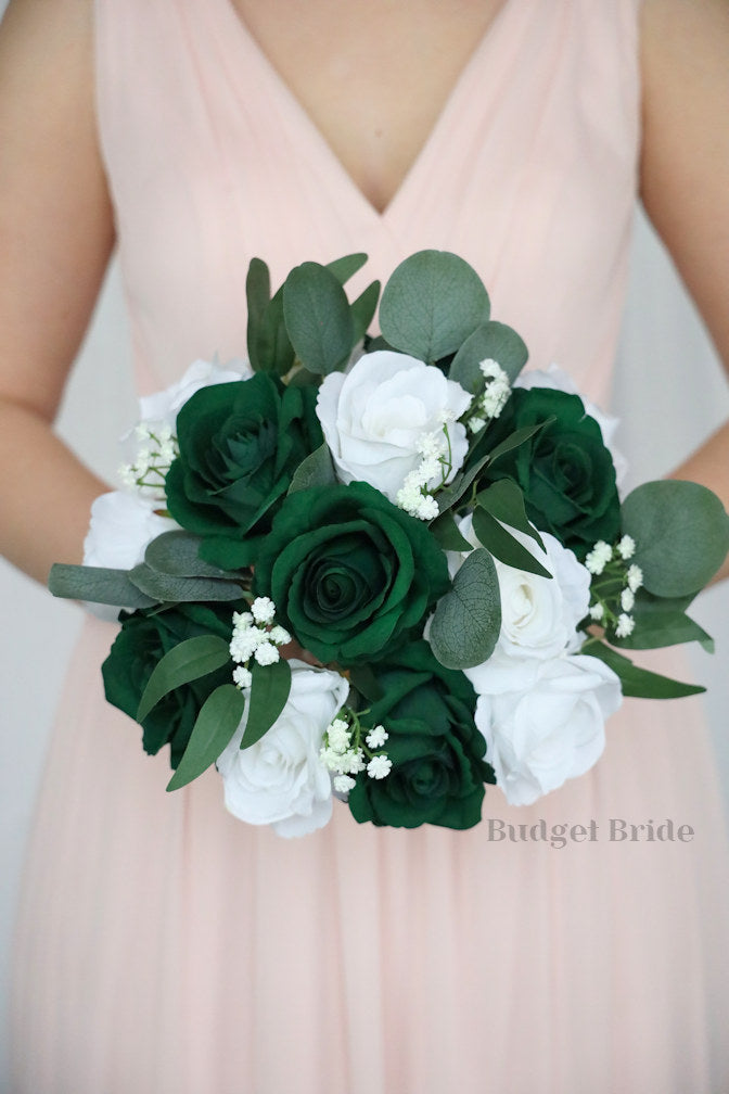 Silk Wedding Bouquet in Dark Green and White - $58.50 | Jupiter
