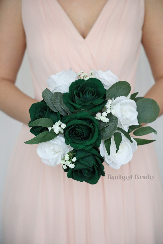 Silk Wedding Bouquet in Dark Green and White - $58.50 | Jupiter