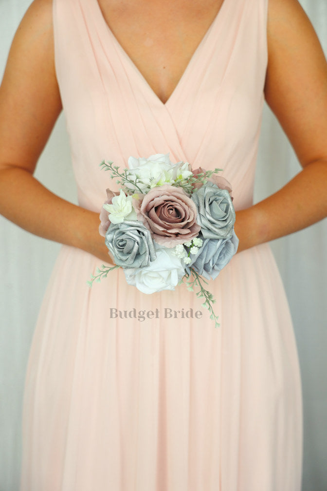 Silk Wedding Bouquet in Dusty Blue and Mauve - $39.50 | Dobbin