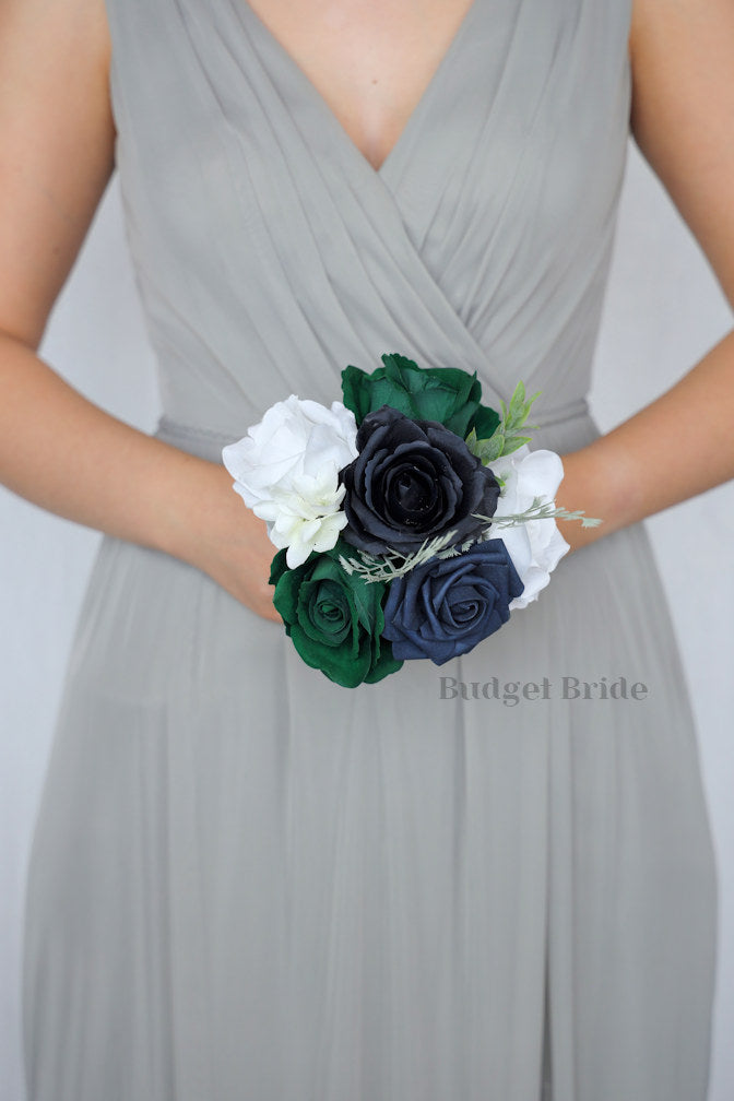 Silk Wedding Bouquet in Navy and Green - $39.50 | La Caille