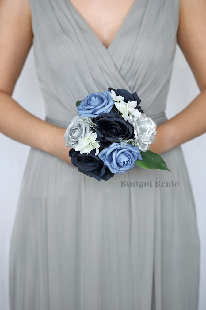 Silk Wedding Bouquet in Navy and Silver - $39.50 | Eldredge