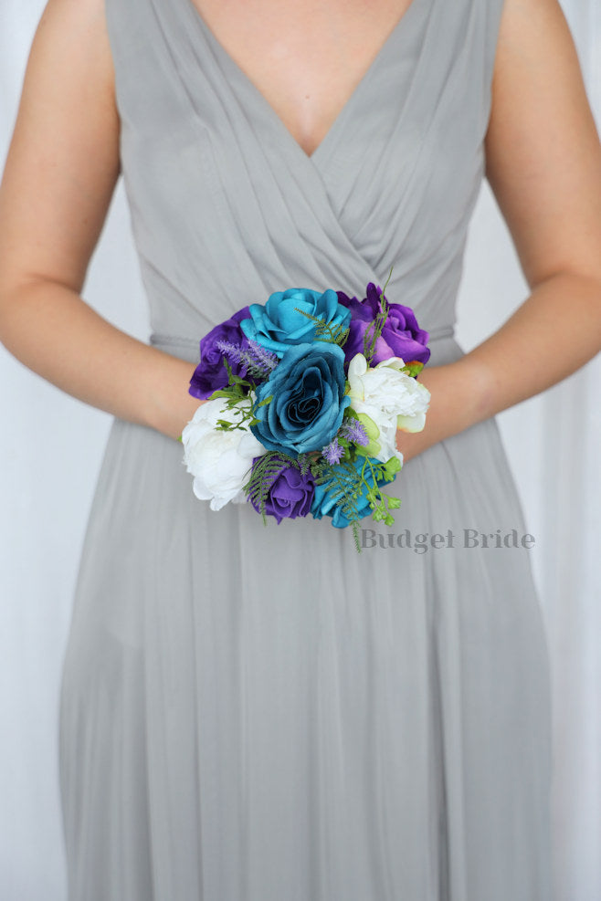 Silk Wedding Bouquet in Peacock and Purple - $39.50 | Toole