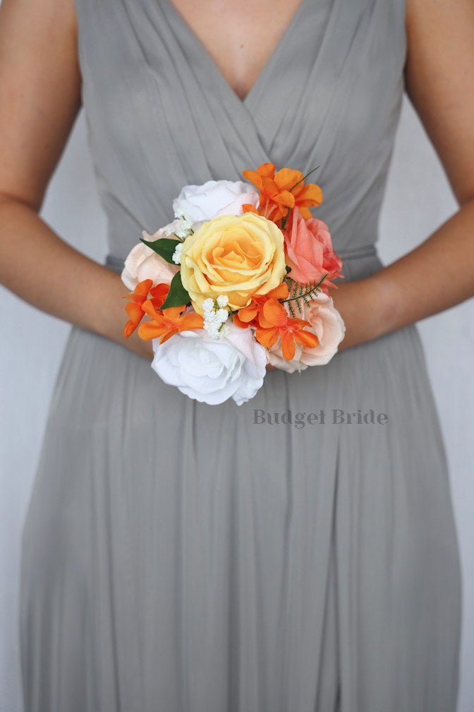 Silk Wedding Bouquet in Yellow and Coral - $39.50 | Draper
