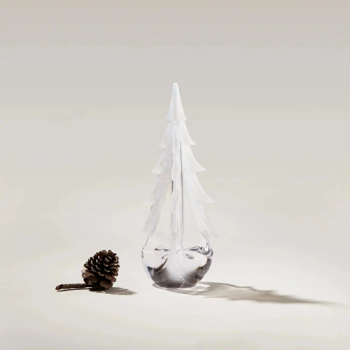 Snowy Branches Evergreen Glass Tree, 12" on a white background at Addison West on a white background at Addison West