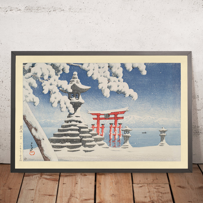A framed image of Snow at Itsukushima by Hasui Kawase, 1935