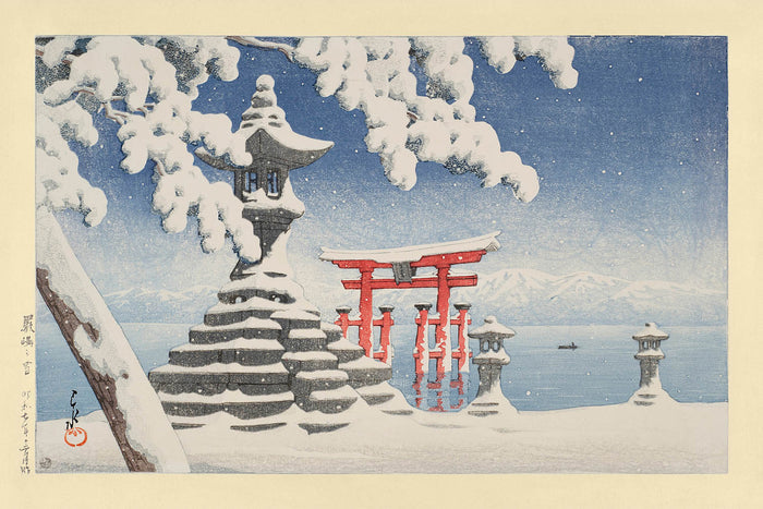 Snow at Itsukushima with Shinto Torii by Hasui Kawase, 1935