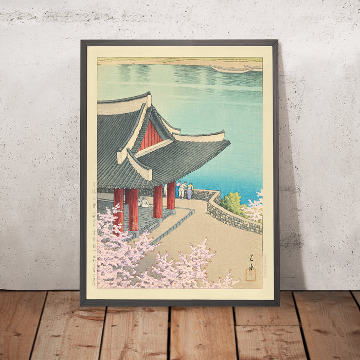 A framed image of Spring at Pubyong Pavilion in Pyongyang Korea by Hasui Kawase 1939