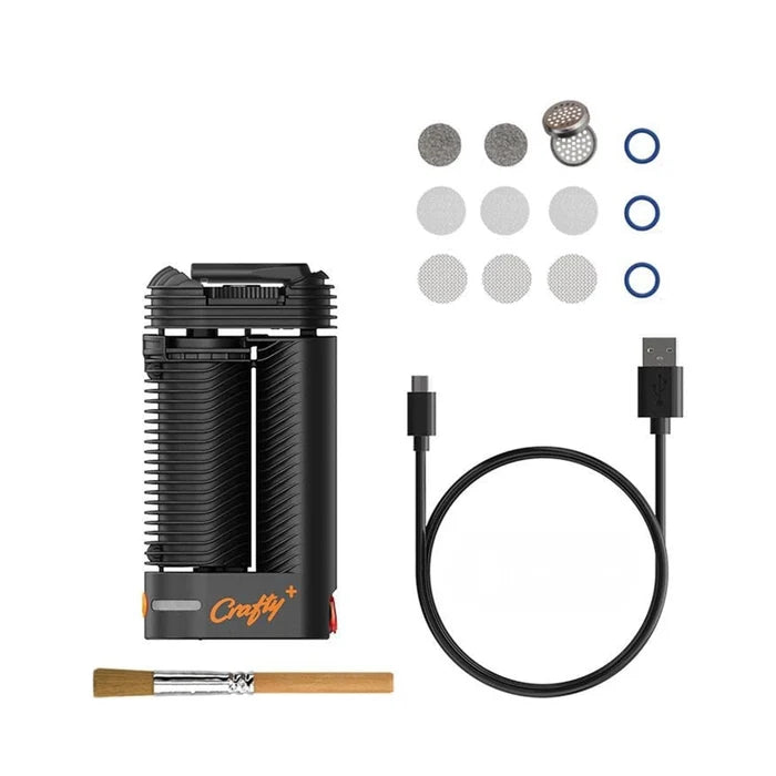 A front view of the Storz & Bickle Crafty Plus Portable Vaporizer with included mesh filters and a USB charging cable.
