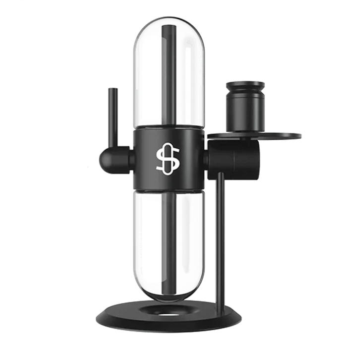A front view of the Studenglass Gravity Hookah V2, featuring a sleek black glass body and circular base.